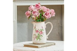 TEWEIQI Vintage Rose Flora Ceramic Vase with Handle, Retro Ice Glazed Crack Farmhouse Pitcher Vase for Home Decor, Living Room, Shelf, Office, Rustic Table Centerpiece 7 Inch