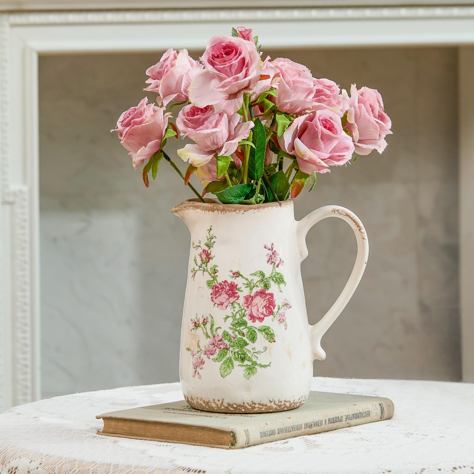Photo 1 of Vintage Rose Flora Ceramic Vase with Handle, Retro Ice Glazed Crack Farmhouse Pitcher Vase for Home Decor, Living Room, Shelf, Office, Rustic Table Centerpiece 7 Inch