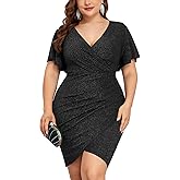 ZOMVA Plus Size 0X-4X Sparkly Glitter Ruched Bodycon Mini Dress Sparkle Sequin Wrap Ruffle Sleeve Dress Cocktail Party Formal