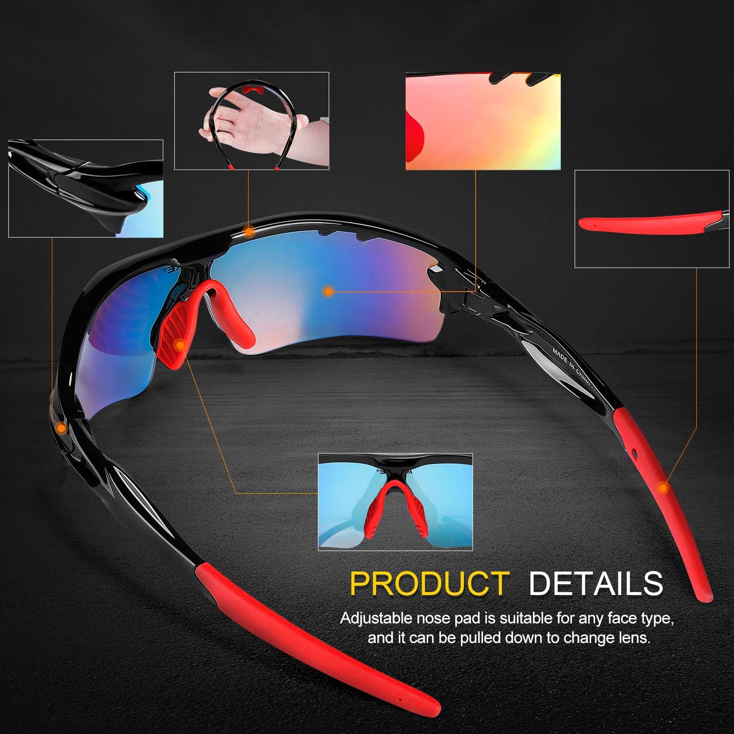 INBIKE Sunglasses Men Women Polarised Mirrored Cycling Glasses Sports Glasses UV400 Protection with 5 Interchangeable Lenses, Black - Image 4