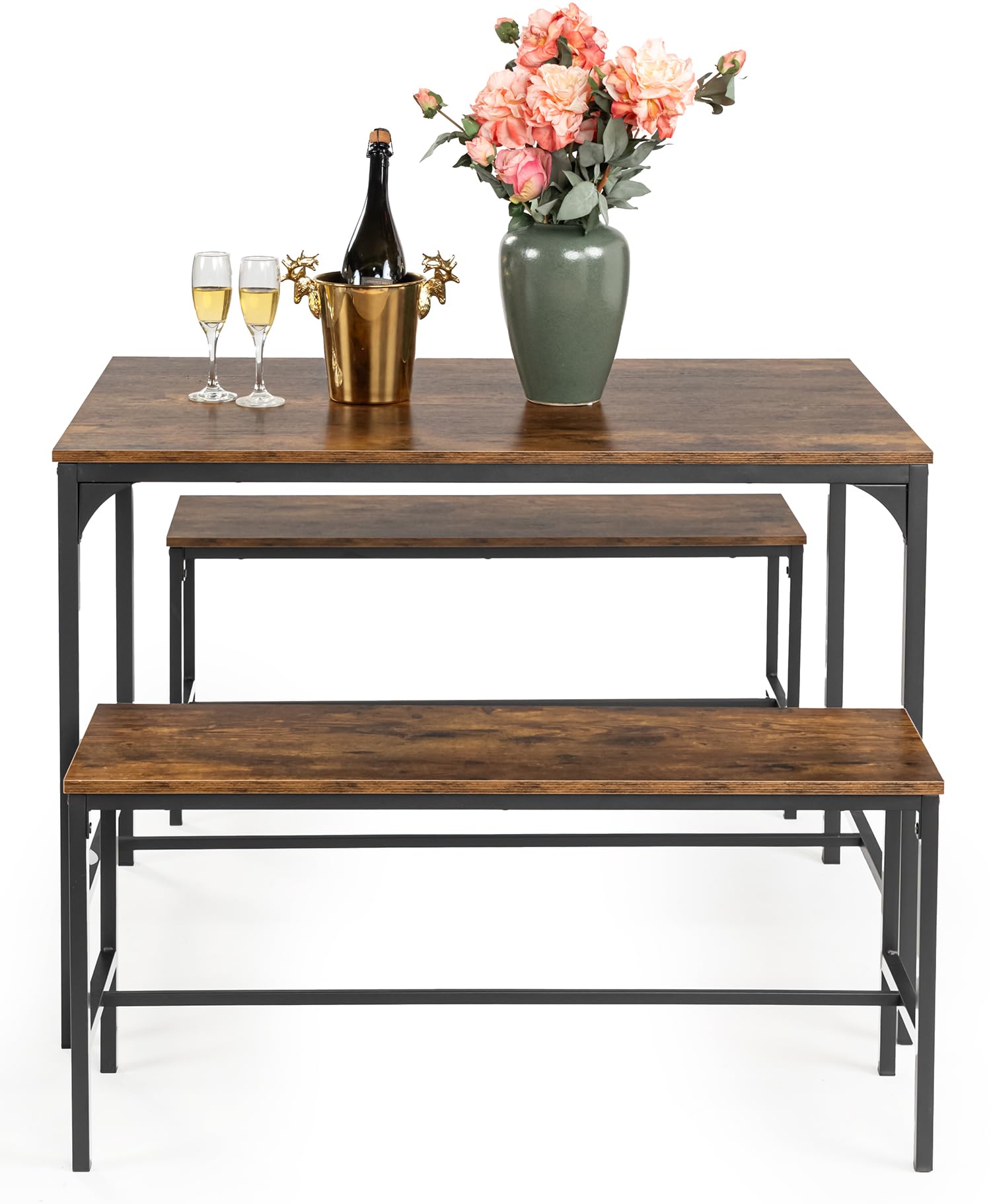 Photo 1 of Dining Table Set for 4, 43.3 Inch Kitchen Table with 2 Dining Benches, 3 Piece Dining Set with Metal Fram and MDF Board Tabletop, Space-Saving Dinette for Dining Room, Restaurant, , Vintage Brown
