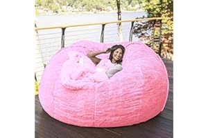 DSTXIZZ Giant Bean Bag Chair Cover(No Filler),Oversized Round Soft Fluffy PV Velvet Washable Lazy Sofa Bean Bag Bed Cover for Adults, Living Room Bedroom Furniture Outside Cover (Pink, 6FT)
