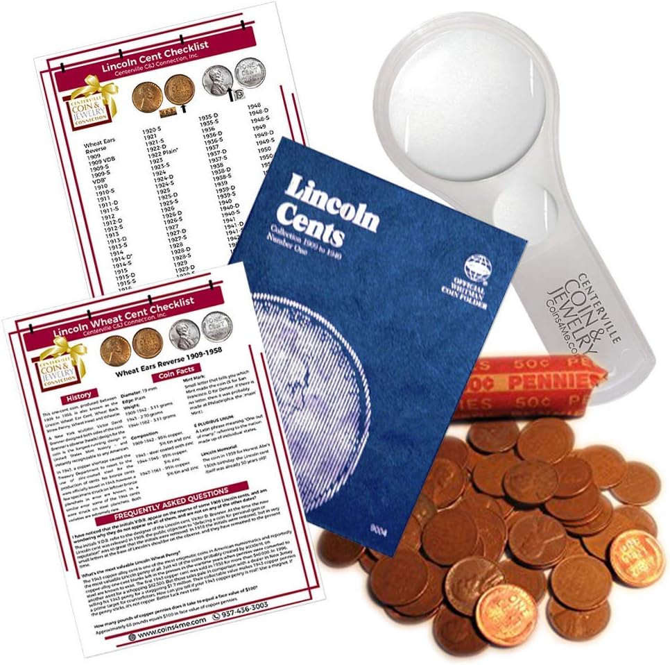 Lincoln Wheat Penny Starter Collection Kit, Part One, Whitman [9004] Lincoln Cent Folder Vol. 1, One Roll of Wheat Cents, Magnifier and Checklist, (4 Items) Great Start for Beginner Collectors
