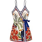 SOLY HUX Women's Tropical Print Mini Dress Summer Wrap V Neck Bow Tie Vacation Dresses