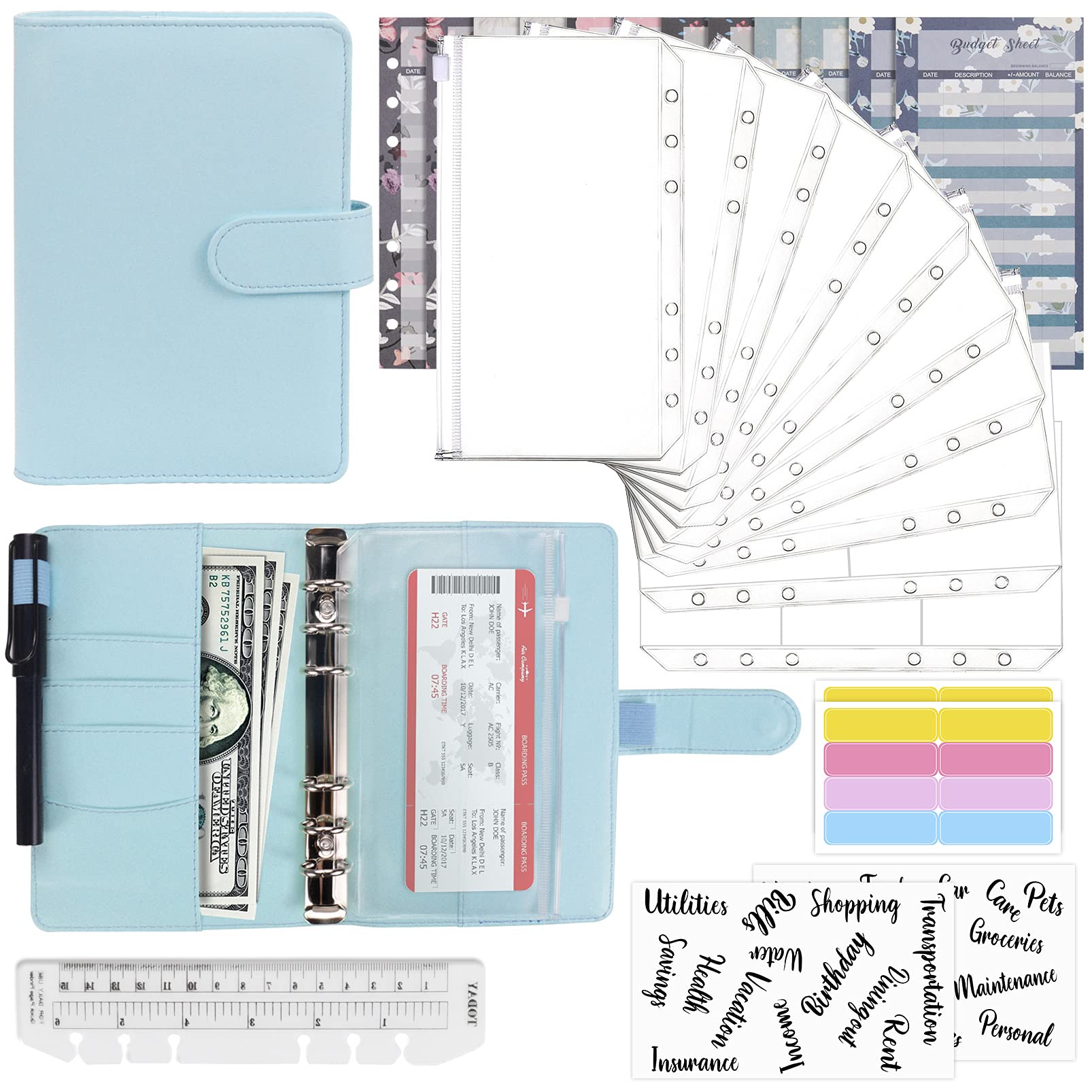 Mlife Ring Binder Set - 28pcs Leather Notebook Budget Binder with Clear Cash Envelopes,Budget Sheets and Label Stickers,Cash Organizer Money Saving Binder for Travel and Diary Blue — image 1