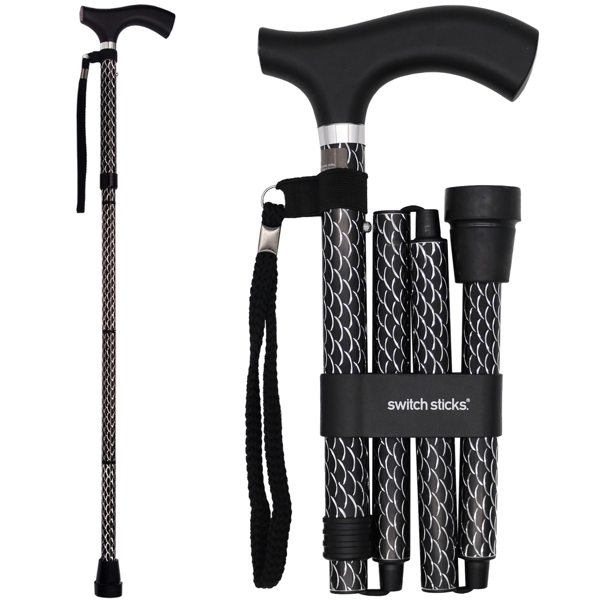 Switch Stick Luxury Engraved Black Walking Stick - Folding And Adjustable
