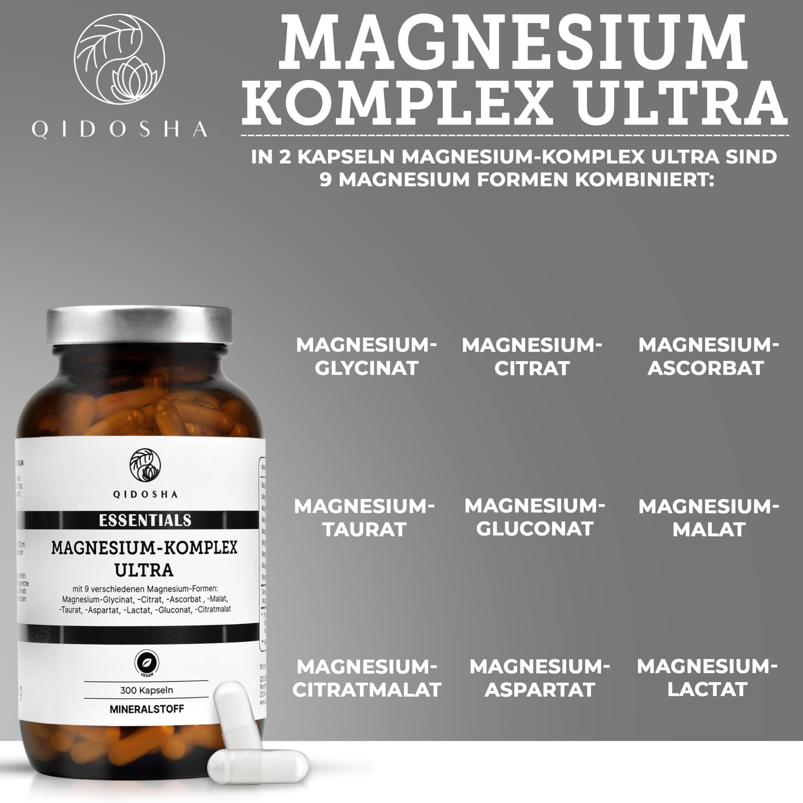 QIDOSHA® Magnesium Komplex hochdosiert, 300 Kapseln im Apothekerglas, 9 Mg-Formen mit sich ergänzenden Wirkschwerpunkten als Mg-Vollspektrum, 300mg elementares Magnesium/Tagesportion 2
