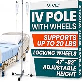 Vive IV Pole with Wheels - IV Fluids Bag Stand with 2 Hooks and Adjustable Height - Portable IV Pole for Home Care, Hospitals, Clinics and Travel - Safe and Easy to Move Medical IV Drip Stand