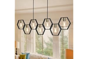 ACNKTZ 7-Light Kitchen Island Lighting, Modern Farmhouse Metal Dining Table Chandelier, Linear Pool Table Lights, Black/Gold Finish