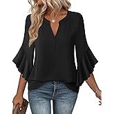 Bebonnie Womens Tops Dressy Casual Ruffle 3/4 Sleeve Henley V Neck Chiffon Blouses with Buttons