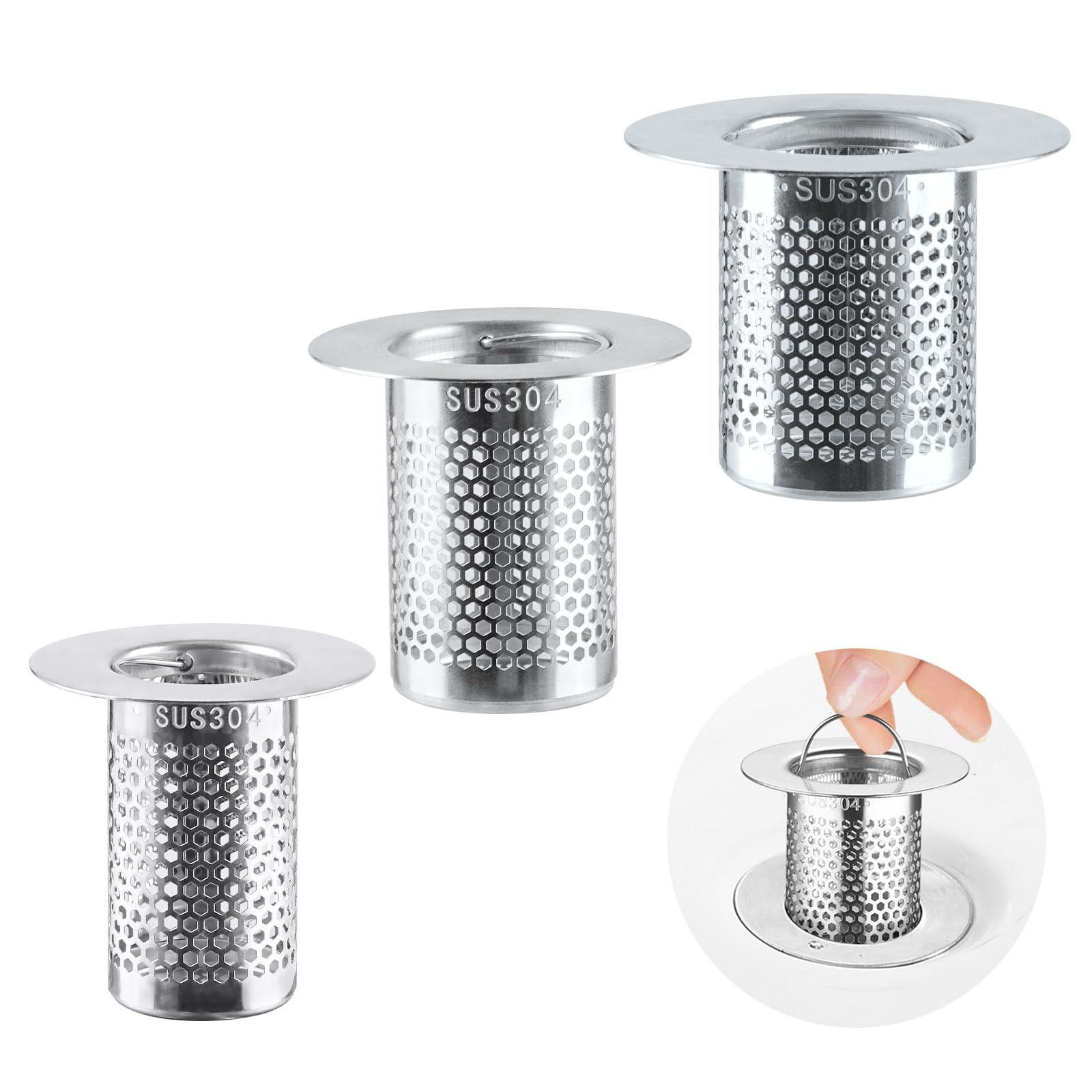 Photo 1 of NAWTOR 3Pcs Sink Drain Strainer?Shower Strainer Drain Hair Catcher Floor Drain Filter with Handle Stainless Steel Drainer Filter Used to Prevent Clogging of Kitchen Sinks (1.97"&2.17"&2.56")