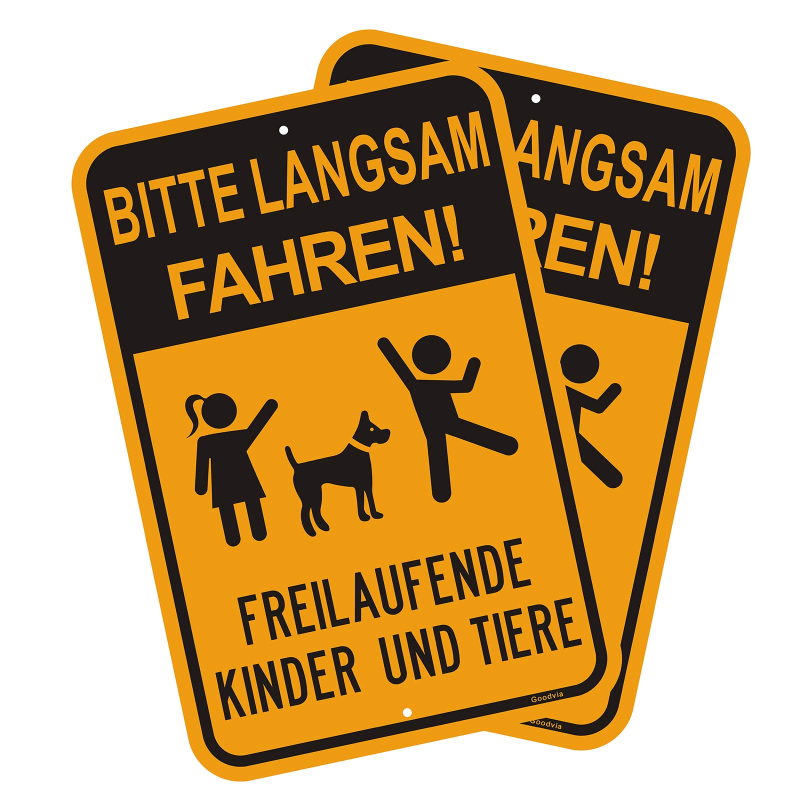 Goodvia Achtung Kinder Und Tiere Schild (45 * 30 cm Aluminium) - Warnschild Spielende Kinder - Bitte Langsam Fahren - Wetterbeständig, Wasserdicht, Haltbare Tinte, Einfach zu Montieren