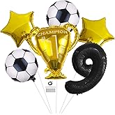 6 pcs Soccer 9th Birthday Party Balloons Set - Black 32inch Number 9 balloon Championship Trophy Star Football Balloons for Kids 9th Birthday Baby Shower anniversary Soccer Theme Party Decorations