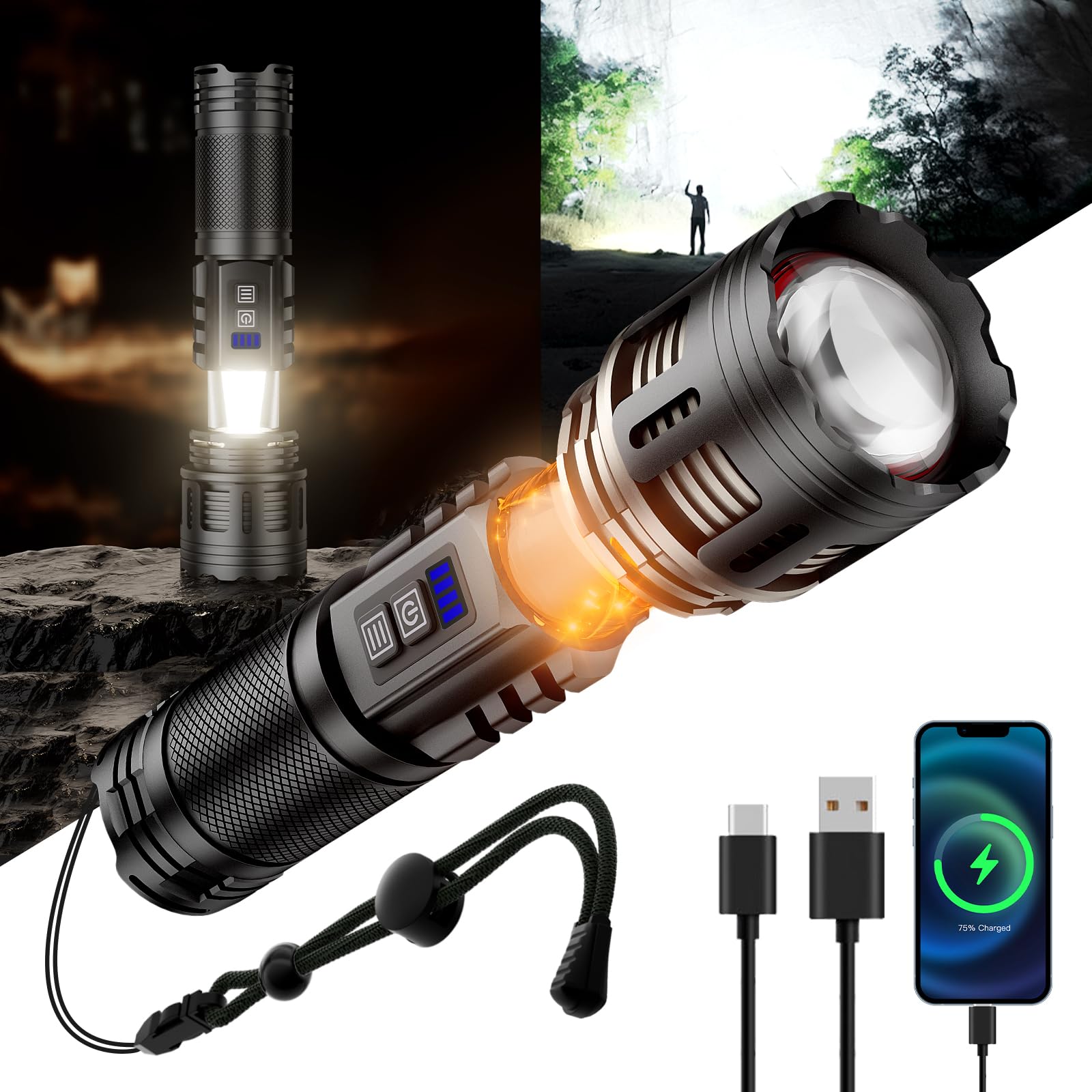 Photo 1 of SKYFIRE LED Rechargeable Flashlights High Lumens with Ambient Lamp,8000 Super Bright Tactical Flashlights with 2 Colors,Focusable,Waterproof Flash Light for Camping Essentials,Outdoor&Home-Black