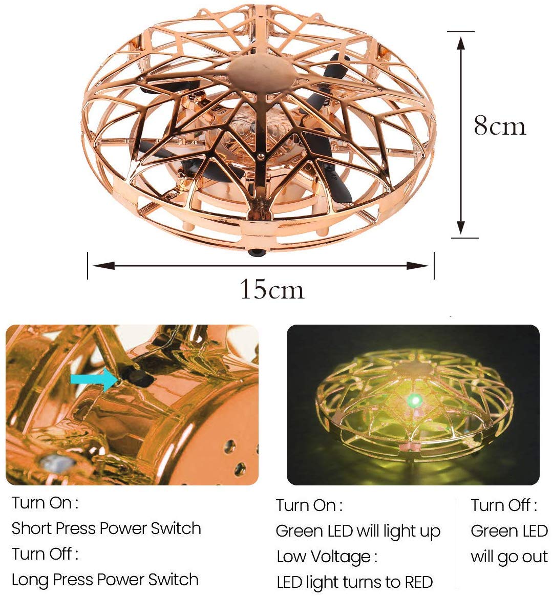 Autmor Mini UFO Drone Flying Toy Hand Operated Quadcopter Drones for Kids or Adults - Hands Free UFO Helicopter with 360° Rotating and Shinning LED Lights Easy Indoor Outdoor for Boys Girls - Gold