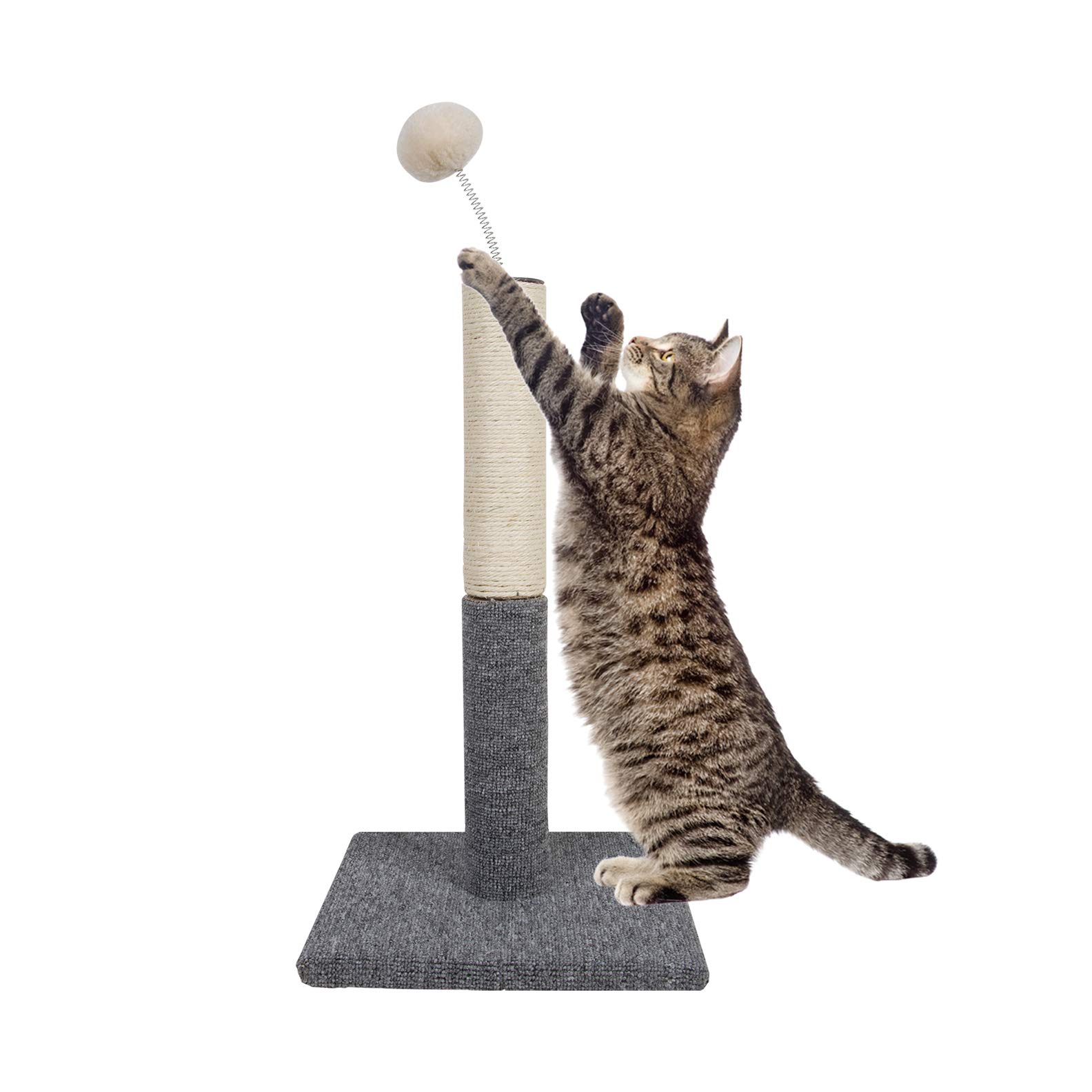 Dimaka 26" Sisal Cat Scratching Post with Spring Teasing Ball, Natural Sisal and Base Carpet Covered Grey