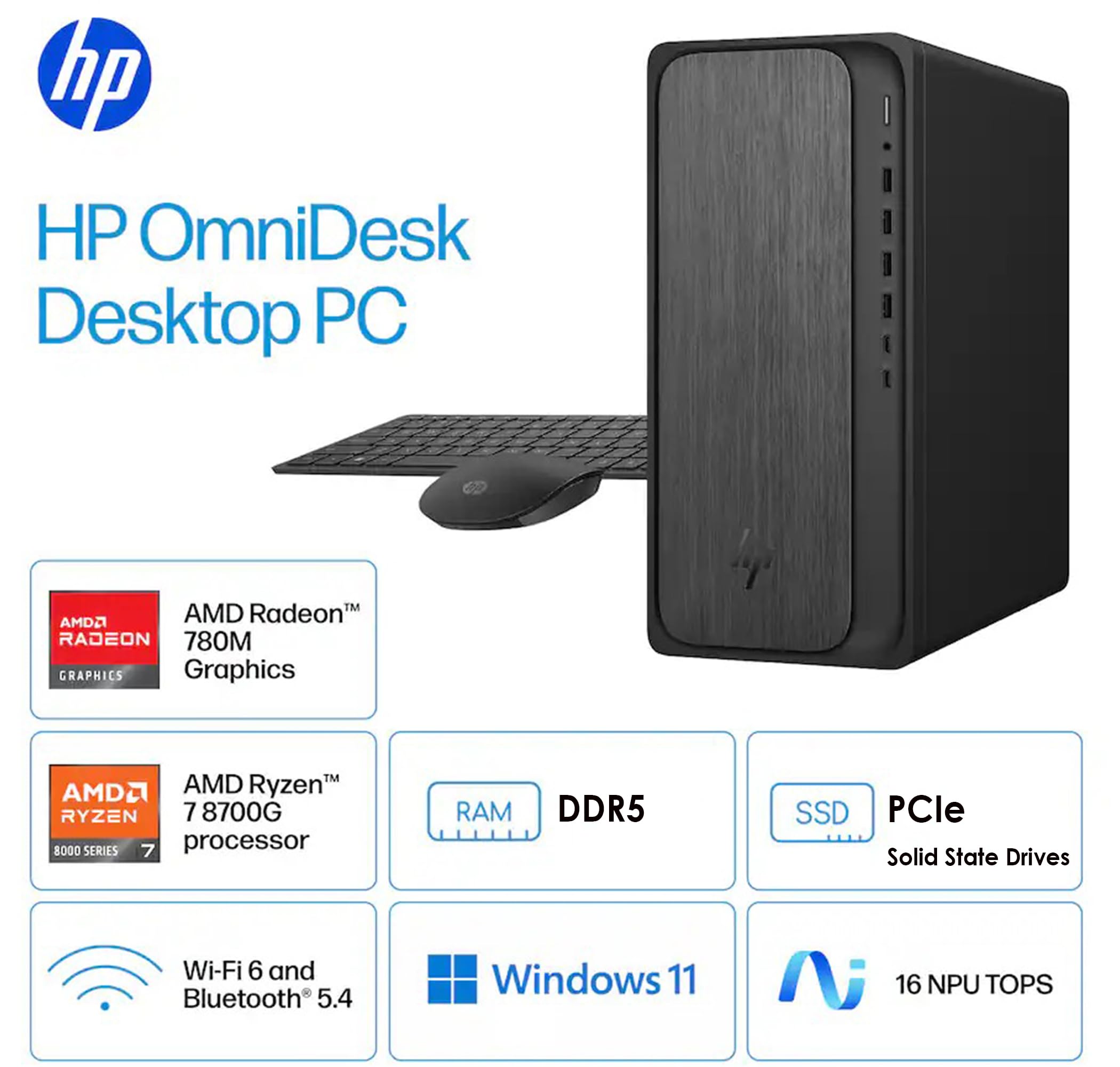 PC de escritorio HP OmniDesk AI, 16 NPU Tops, CPU Ryzen 7-8700G (5,1 GHz), 16 GB de RAM DDR5, 1 TB de almacenamiento (SSD PCIe de 512 GB y unidad externa 512), Wi-Fi 6, soporte para monitor dual, Windows 11, KB y mouse inalámbricos
