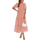 dowerme Summer Dresses for Women 2025 Casual Boho Hollow Out Short Sleeve Ruffle Mock Neck Smocked Maxi Gingham Sundress