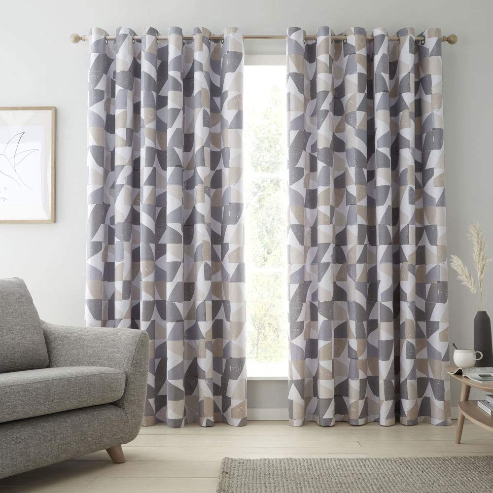 Catherine Lansfield Oslo Geo Eyelet Curtains 46 x 54 Inch Grey natural