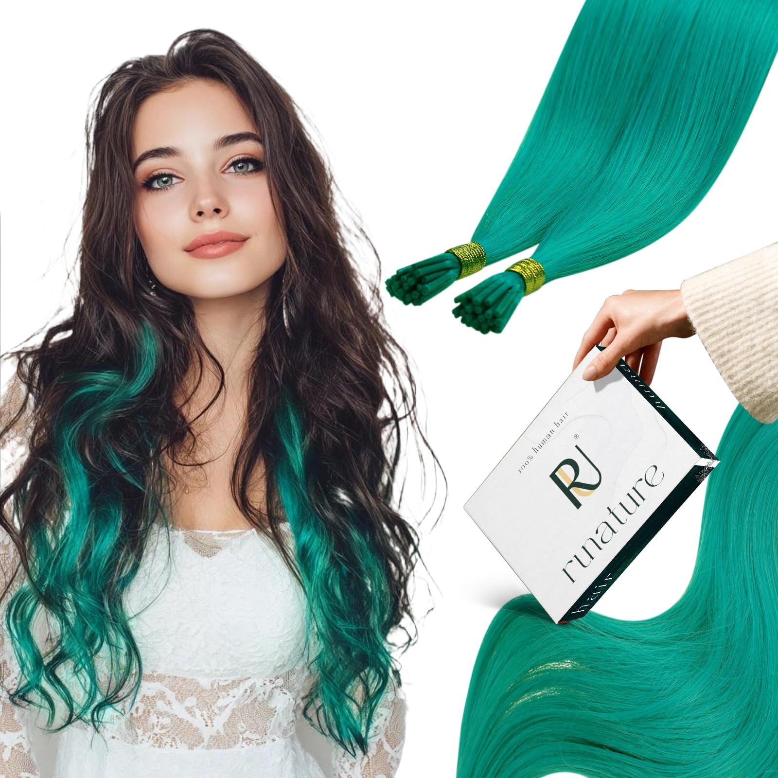 RUNATURE Stick I Tip Hair Extensions Real Human Hair Colored Teal PreBonded I Tip Hair Extensions Human Hair 14 Inch 20 Gram — image 1