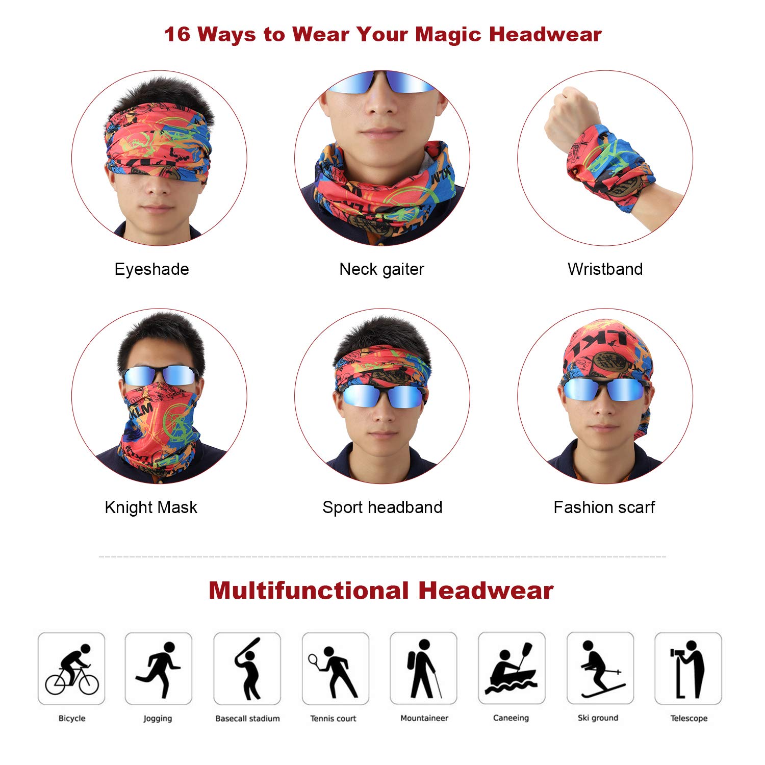 iOutdoor Products 5pcs cappelleria multifunzionale sudore-assorbente sciarpa fascia senza cuciture traspirante elastico in esecuzione protezione UV Bandana per uomo e donna