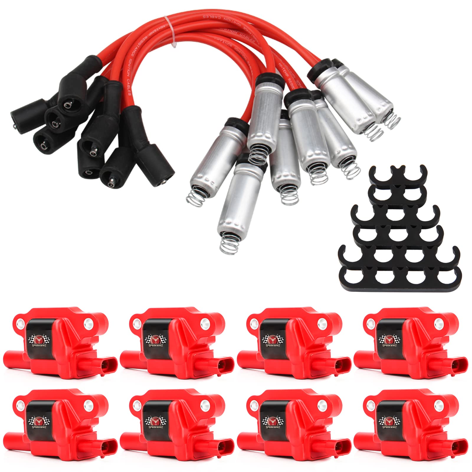 Carbole 8-Set UF413 Ignition Coils With Spark Plugs & Wires For ACDelco Chevy – 12V, 4-Pin, Square Style