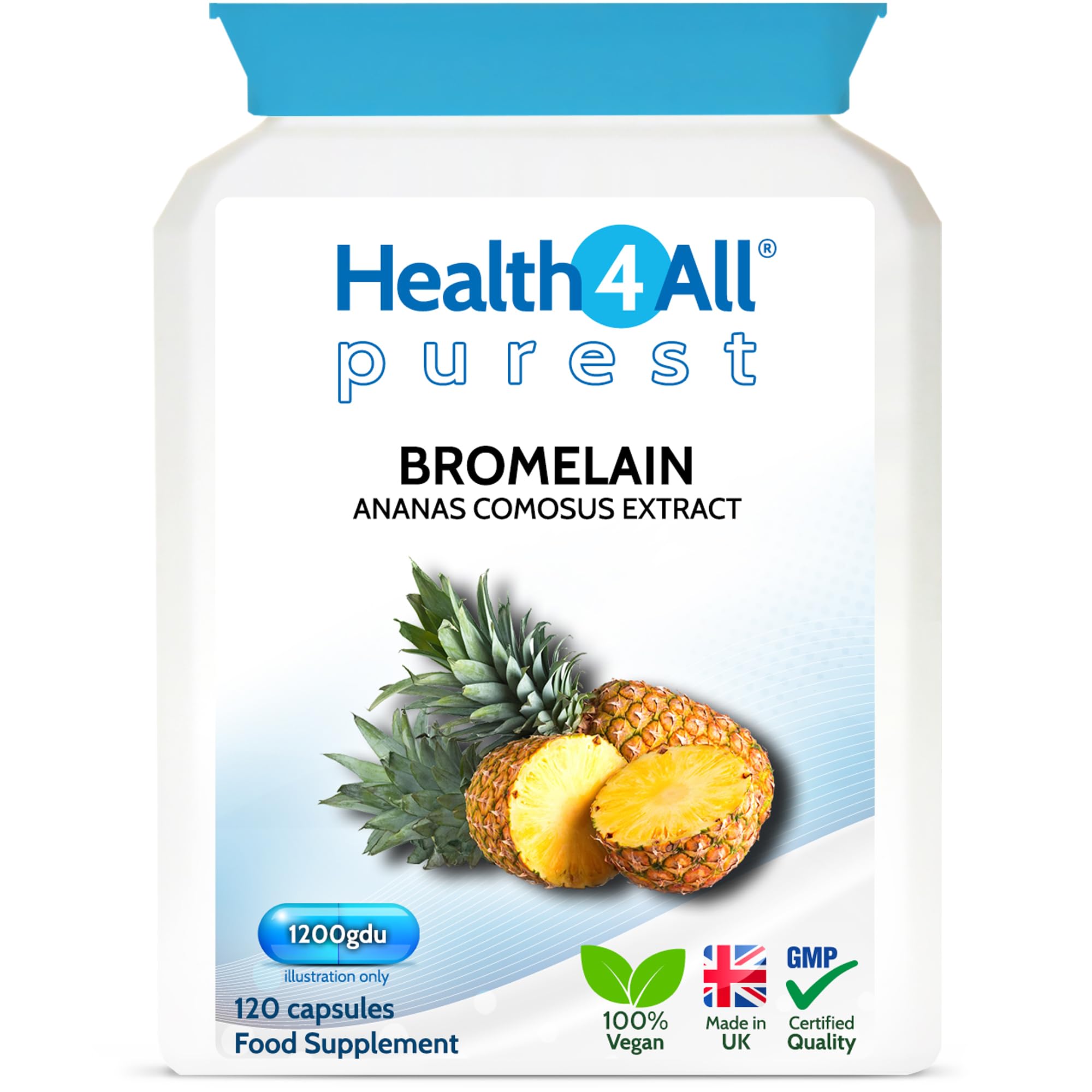 Bromelain 2500 GDU/g High Strength 1200 GDU per Capsule for Inflammation, Swelling & Recovery 120 Vegan Capsules Pure Pineapple Enzyme Supplement for Digestion Support UK Made - Health4All