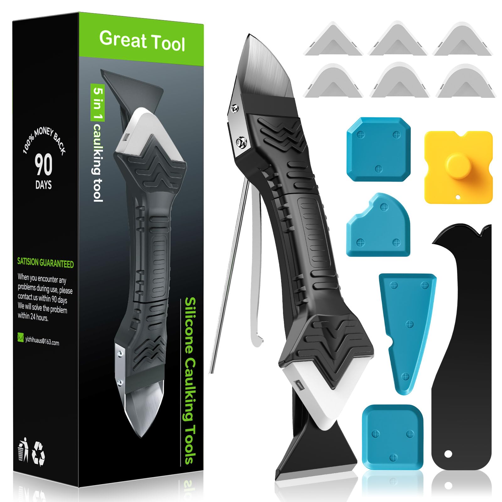 Silicone Caulking Tool, 5 in 1 Caulking Sealant Finishing Tool with Grout Scraper, 6 Exchange Silicone Pads, Adhesive Residue Scraper Seam Repair Kit for Kitchen Bathroom (White)