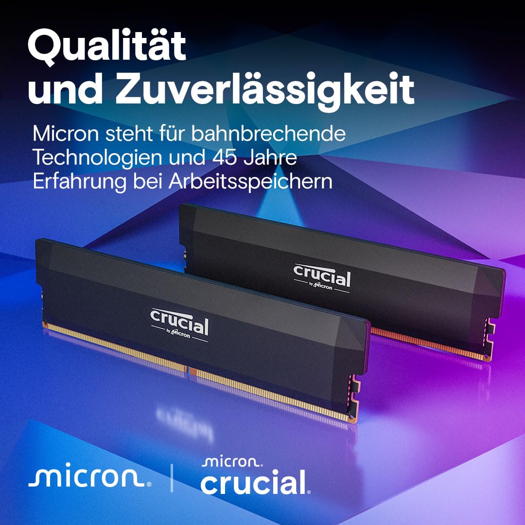 Crucial Pro DDR5 RAM 32GB Kit (2x16GB) 6000MHz CL36, Overclocking Gaming, Intel XMP 3.0 / AMD Expo, PC Computer Arbeitsspeicher, Schwarz - CP2K16G60C36U5B 6