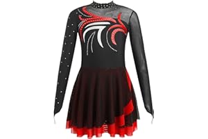 Oyolan Kids Girls Figure Ice Skating Dress Mesh Splice Long Sleeve Rhinestone Ballet Dance Skating Competition Costume