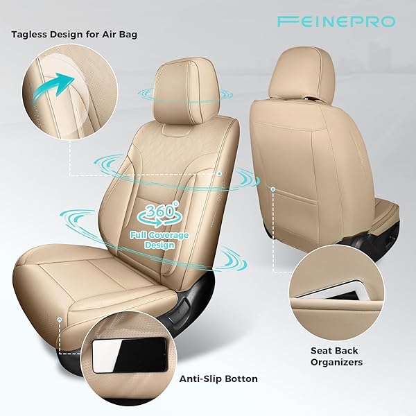 FEINEPRO BEIGE CAR SEAT COVERS FULL SET – BREATHABLE FAUX LEATHER UNIVERSAL 5 SEAT COVERS FOR CARS, AUTOMOTIVE PROTECTOR FIT FOR MOST SEDAN SUV PICK-UP TRUCK