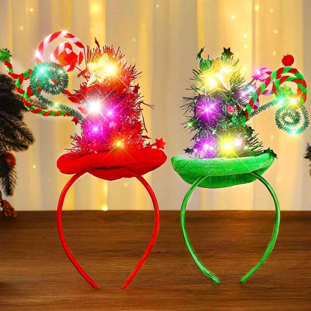 Fashband Christmas Light Up Headband LED Xmas Tree Headbans Glitter Hat Party Hair Accessories for Women(Pack of 2)