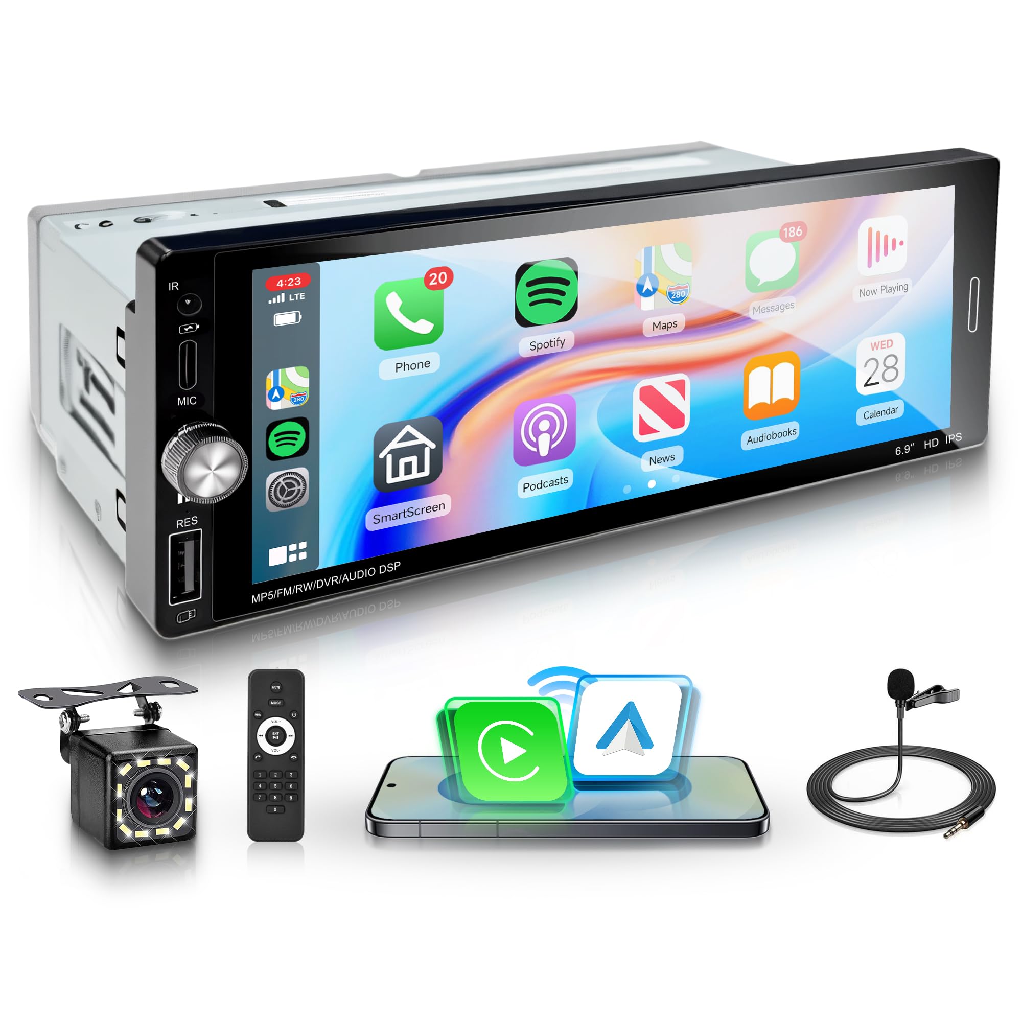 Photo 1 of Car Stereo Single Din Wireless Carplay 6.9 inch Touch Screen Android Auto, Rimoody Car Radio with Bluetooth 5.0 Mirror Link FM/EQ USB/AUX/TF/SWC/MIC Car Audio Receiver with Backup Camera