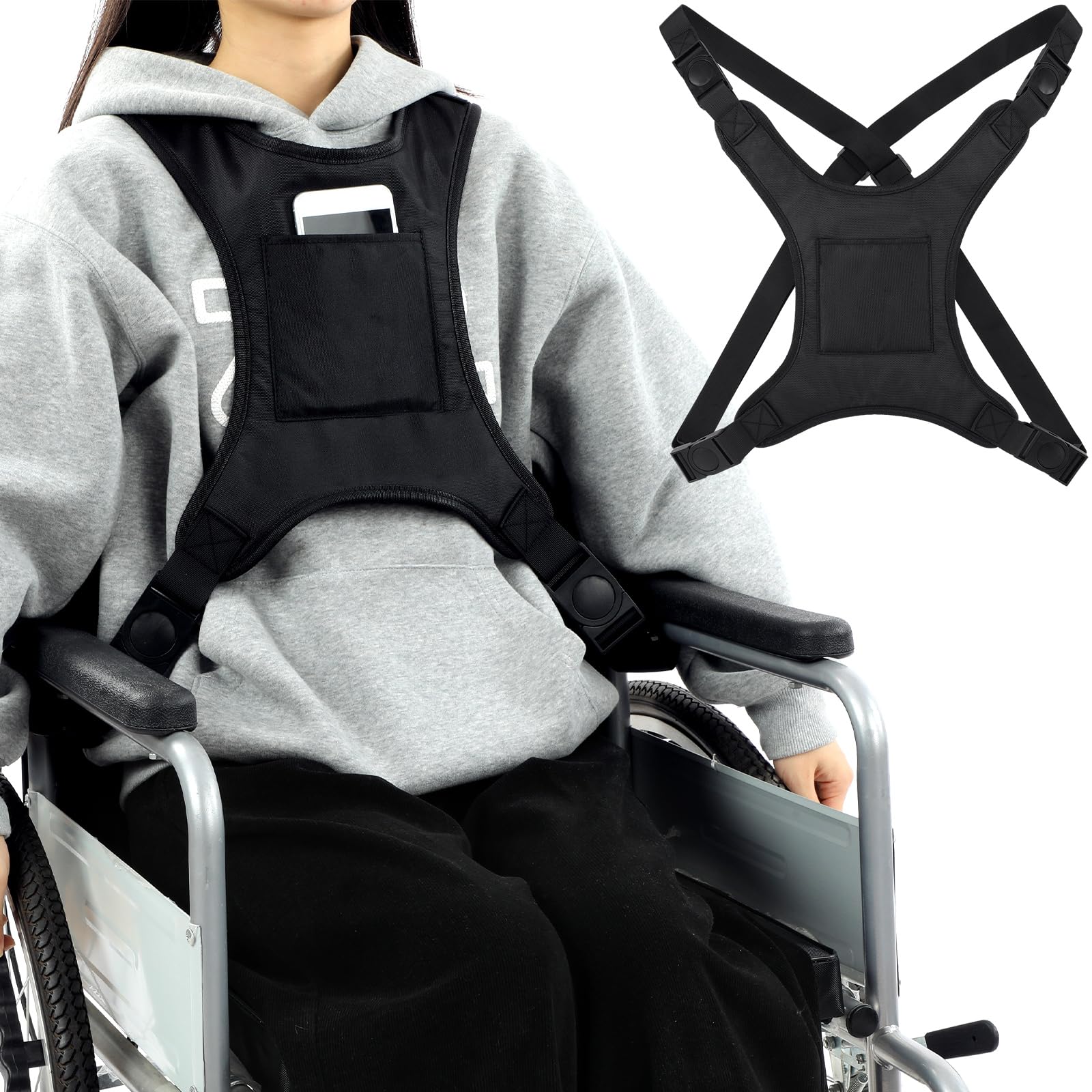 Photo 1 of Threlaco Wheelchair Seat Belt for Adults Wheelchair Chest Harness Safety Strap Seatbelt for Elderly and Disabled Torso Support Vest Restraint Adjustable Straps Prevent Sliding(Black)