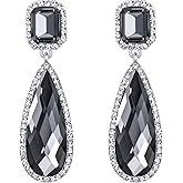 BriLove Wedding Bridal Dangle Jewelry Earrings for Women Crystal Asscher Cut Elongated Faceted Teardrop Infinity Grey Black Silver-Tone