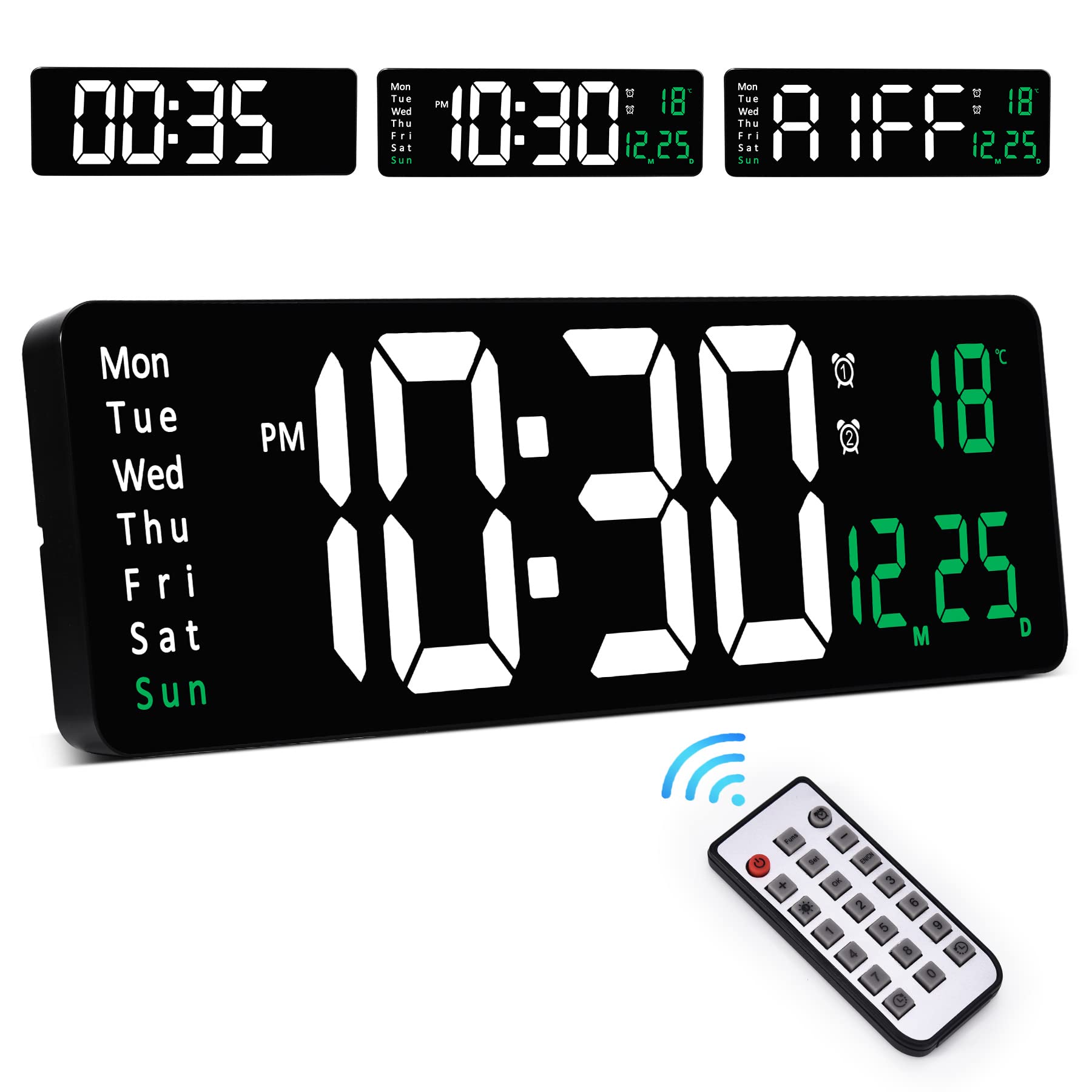 Sukeen Wall Clock, Large Digital Wall Clock with Remote Control, 16" LED Large Display Count Up & Down, 10-Level Dimming, Alarm Clock with Day/Date/Temperature for Home, Gym, Office, Classroom-Green