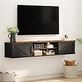 Floating TV Stand with Doors, 63'' Farmhouse Floating TV Shelf for TVs up to 80 Inch, 2 Tier Wall Mounted TV Stand, Floating Entertainment Center, TV Floating Cabinet for Living Room, Bedroom, Black