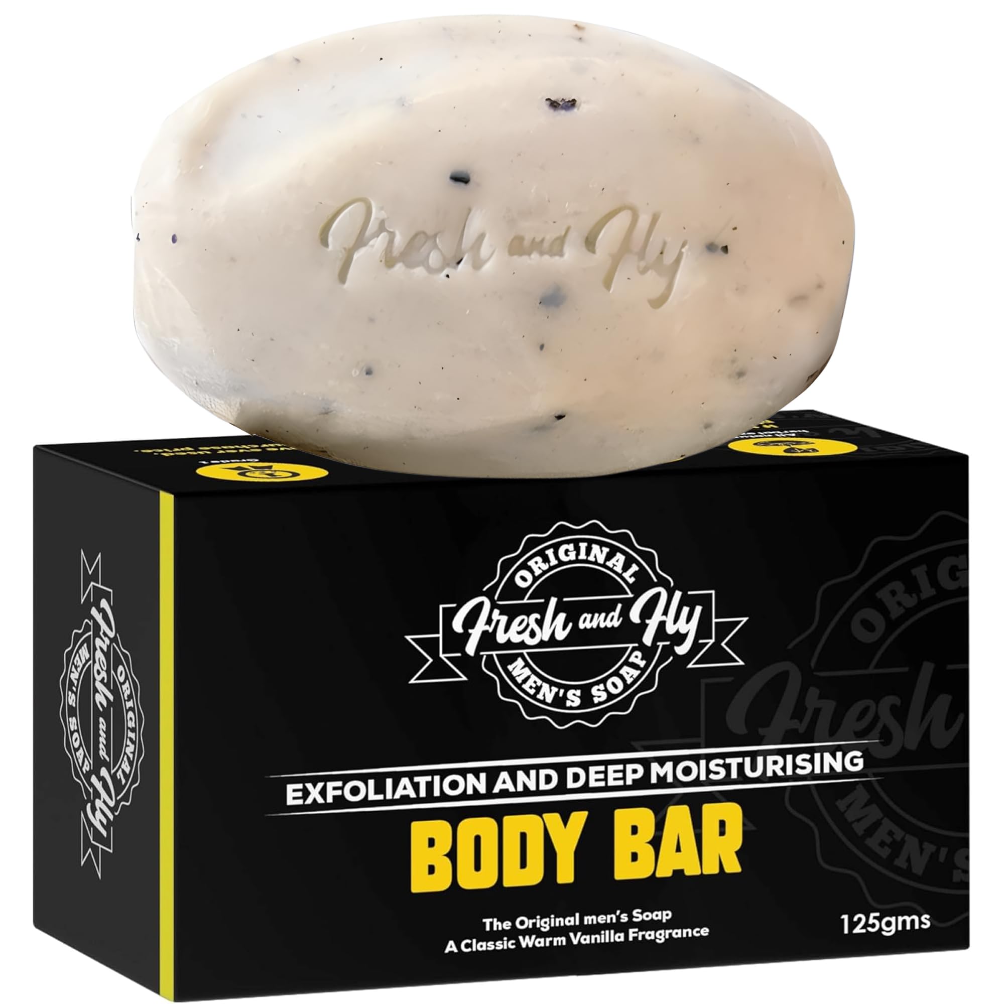 Fresh and Fly Exfoliating Men's Body Bar Soap 125g - Grade 1, Deep Moisturizing, All-Natural Herbal Extracts, 100% Organic, TFM 76%