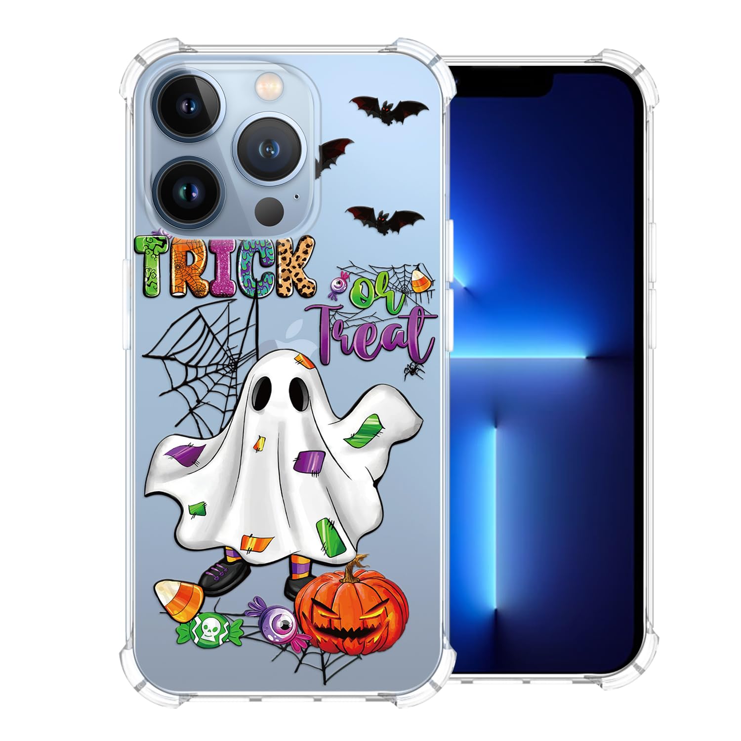 CAROKI Clear Phone Case for iPhone 13 Pro,Halloween Pattern Case Cover Soft TPU Protective Slim Shockproof Cover Boys Girls Phone Case for iPhone 13 Pro-Cute Halloween Ghost