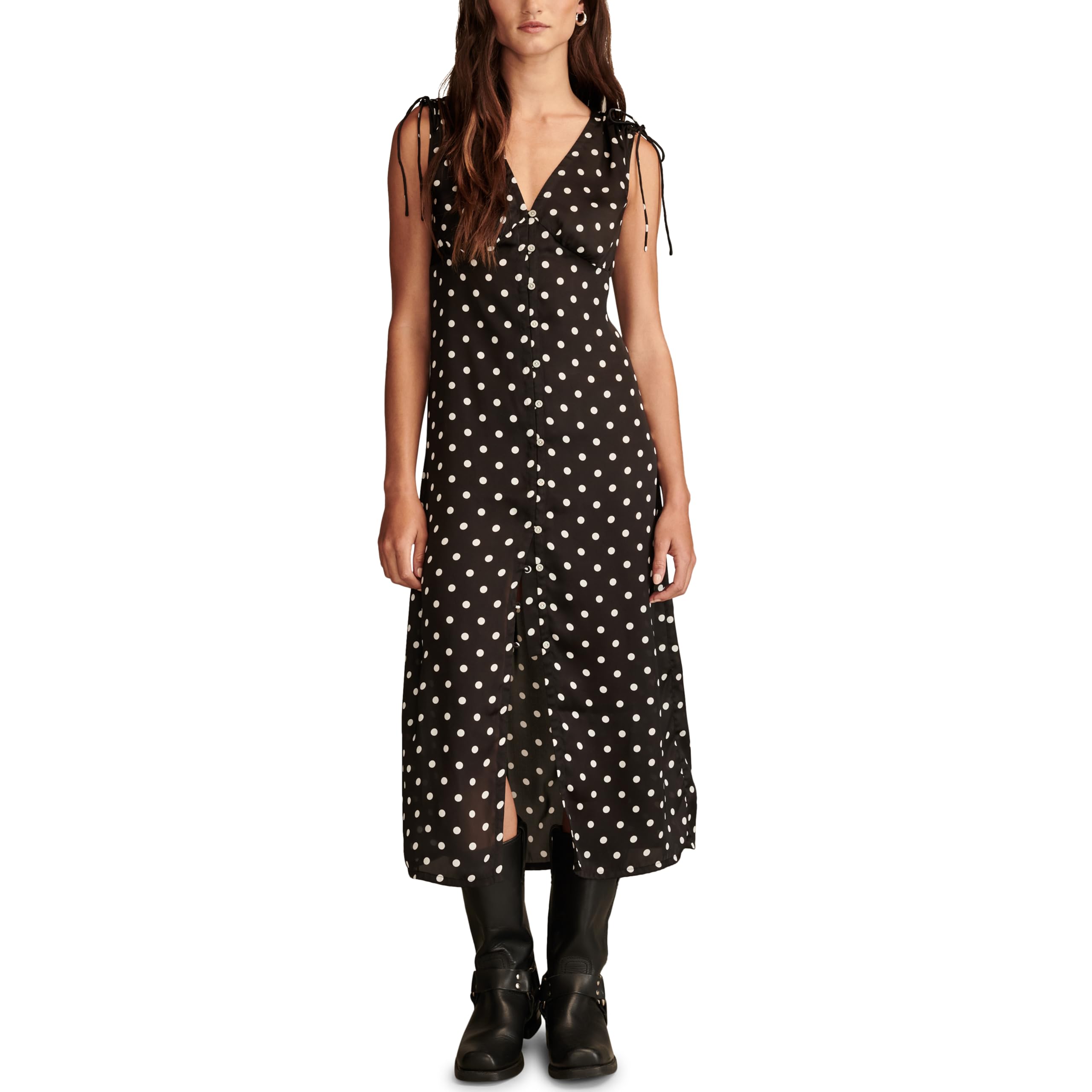 Photo 1 of M Lucky Brand Women's Satin Button Through Midi Dress, Black Dot