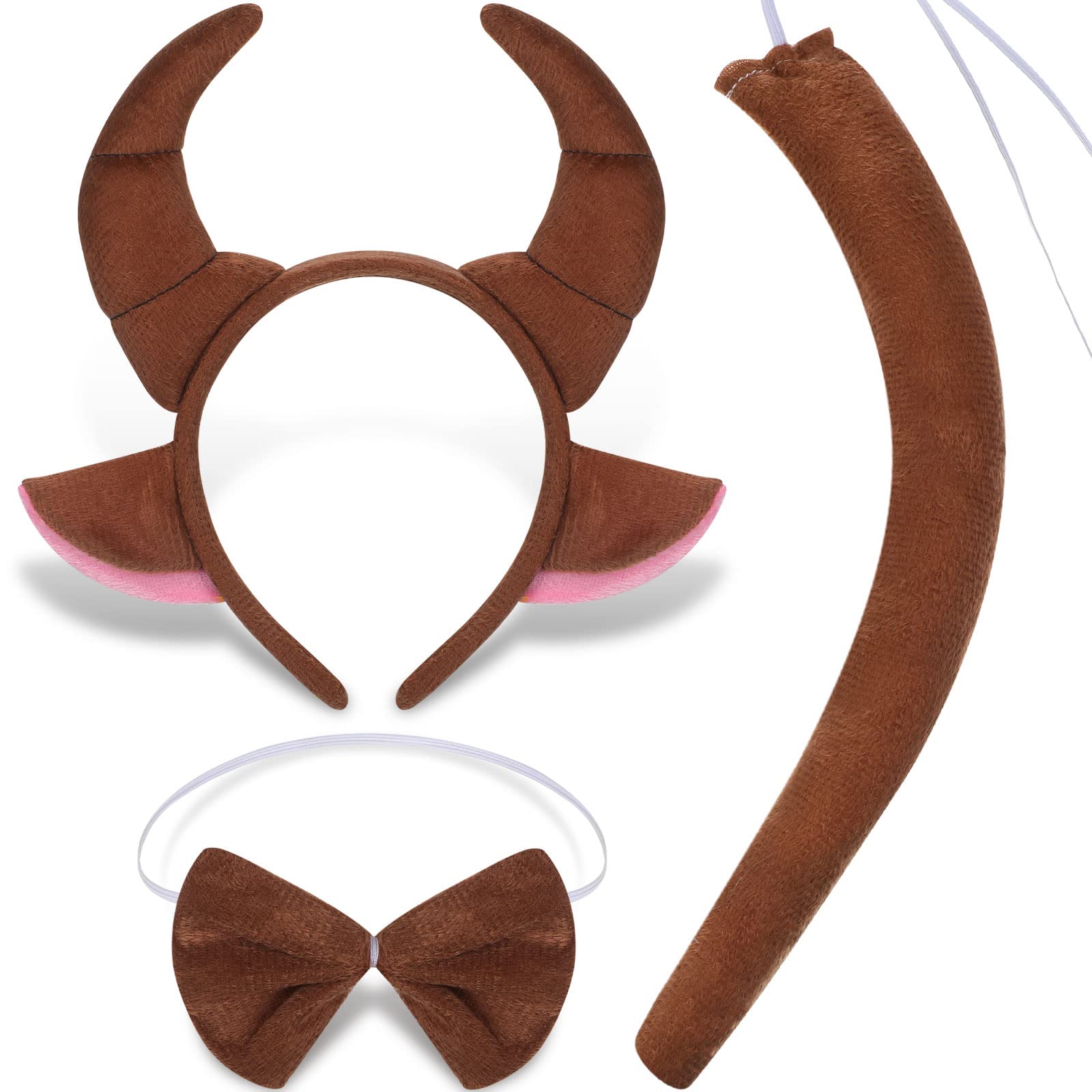 Luinabio 3 Pieces Horn Costume Accessories Include OX Bull Horn Shape Party Brown Plush Headpiece Ears Headband Tail & Bow TieHalloween Birthday Cosplay Easter world book day Dress Up,17 x 20 CM