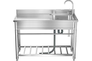JOPHUN Stainless Steel Sink with Cold and Hot Water Pipe, Free Standing Single Bowl Kitchen Sink w/Workbench & Storage Shelves Indoor Outdoor(47in)