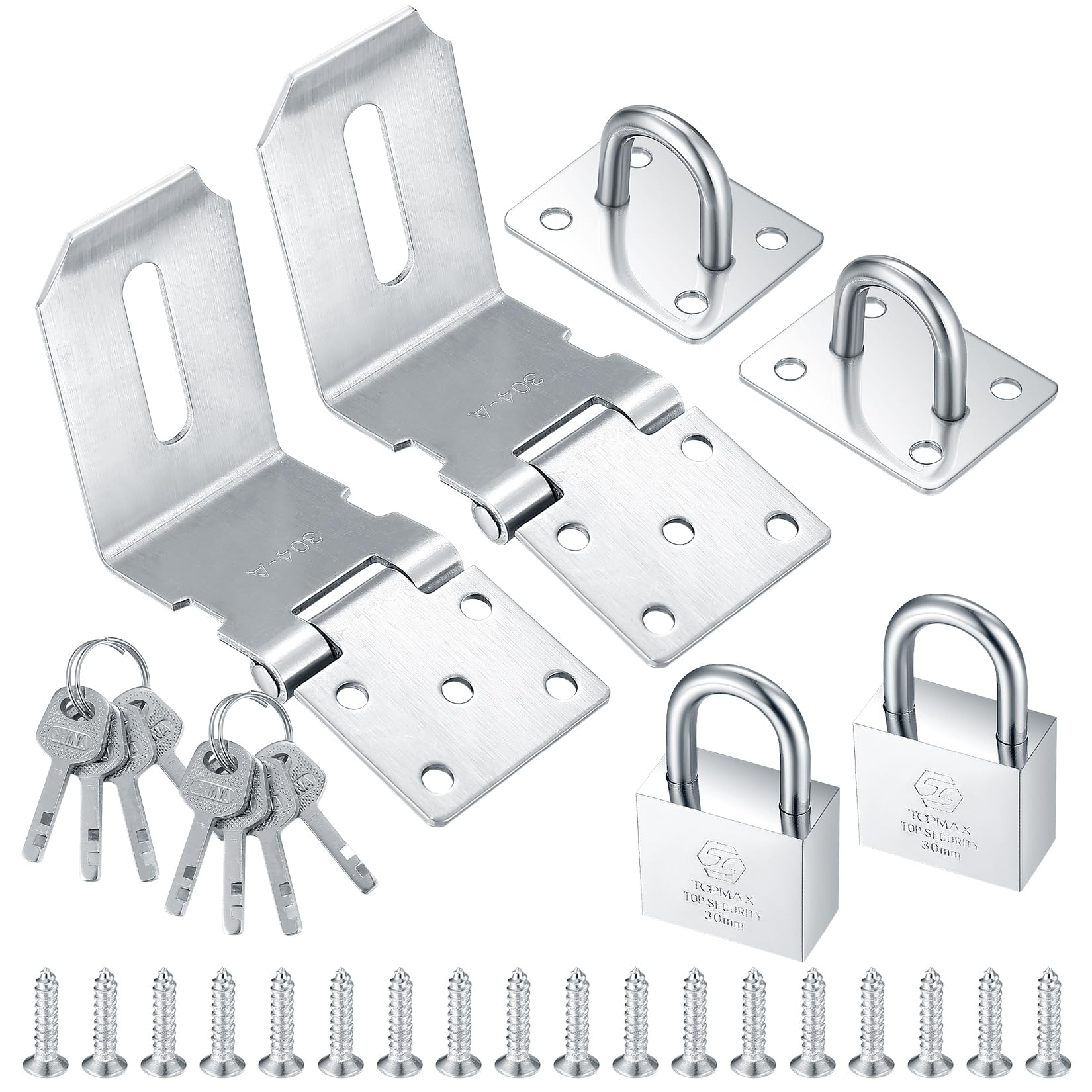 4 Inch 90 Degree Heavy Padlock Hasp, Right Angle Door Clasp Door Lock, Stainless Steel Gate Latch Padlock Staple for Windows, Cabinets, Closets, Sheds, Doors, with a Lock - (Silver 2 Sets)