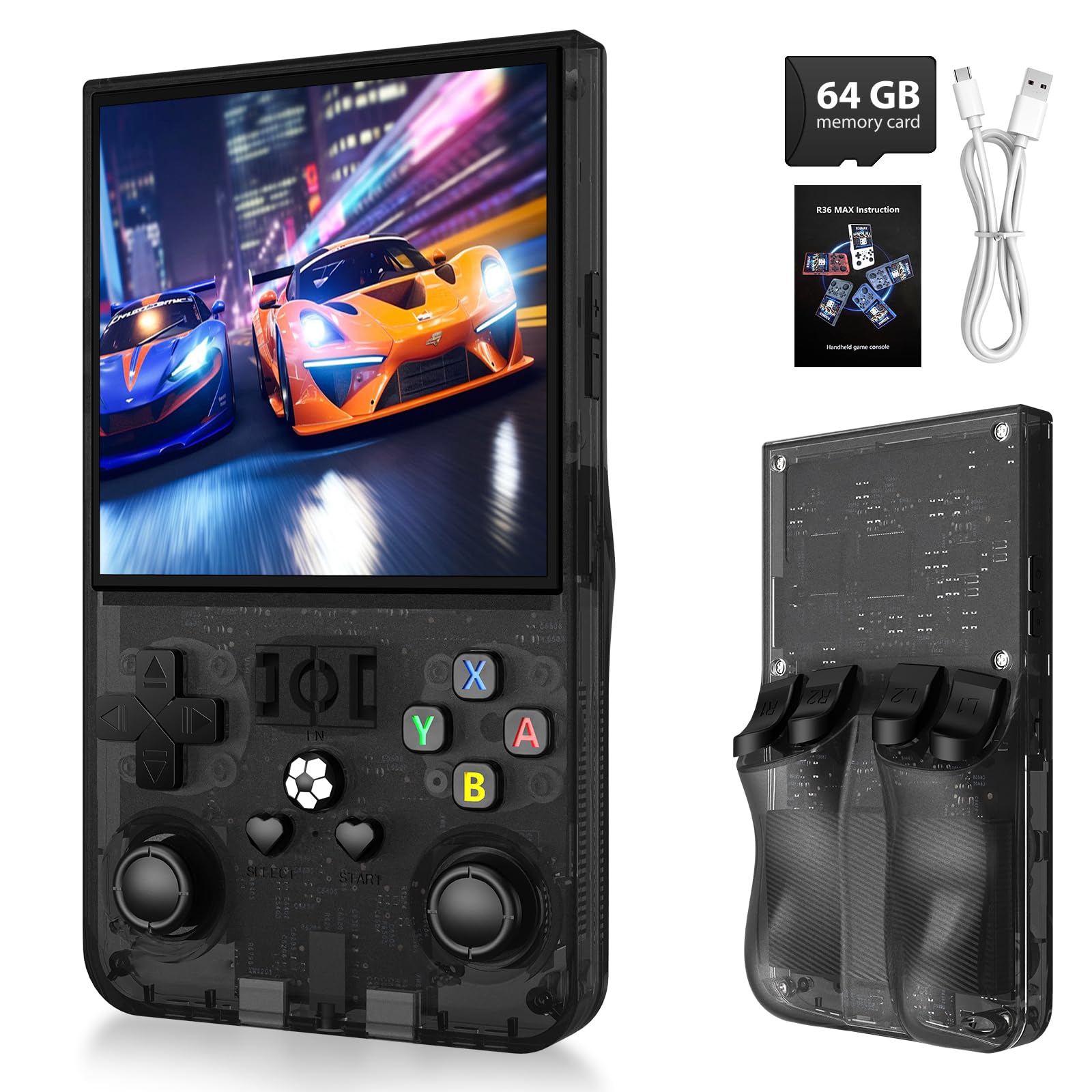 Photo 1 of R36MAX Handheld Game Console,4.0 Inch IPS Screen Linux System with 64GB TF Card,Retro Gaming Console,Retro Game Console for Adults,4000mAh Battery (Black)