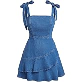 SHENHE Women's Tie Shoulder Sleeveless Denim Mini Dress Layered Ruffle Hem Jean Dress