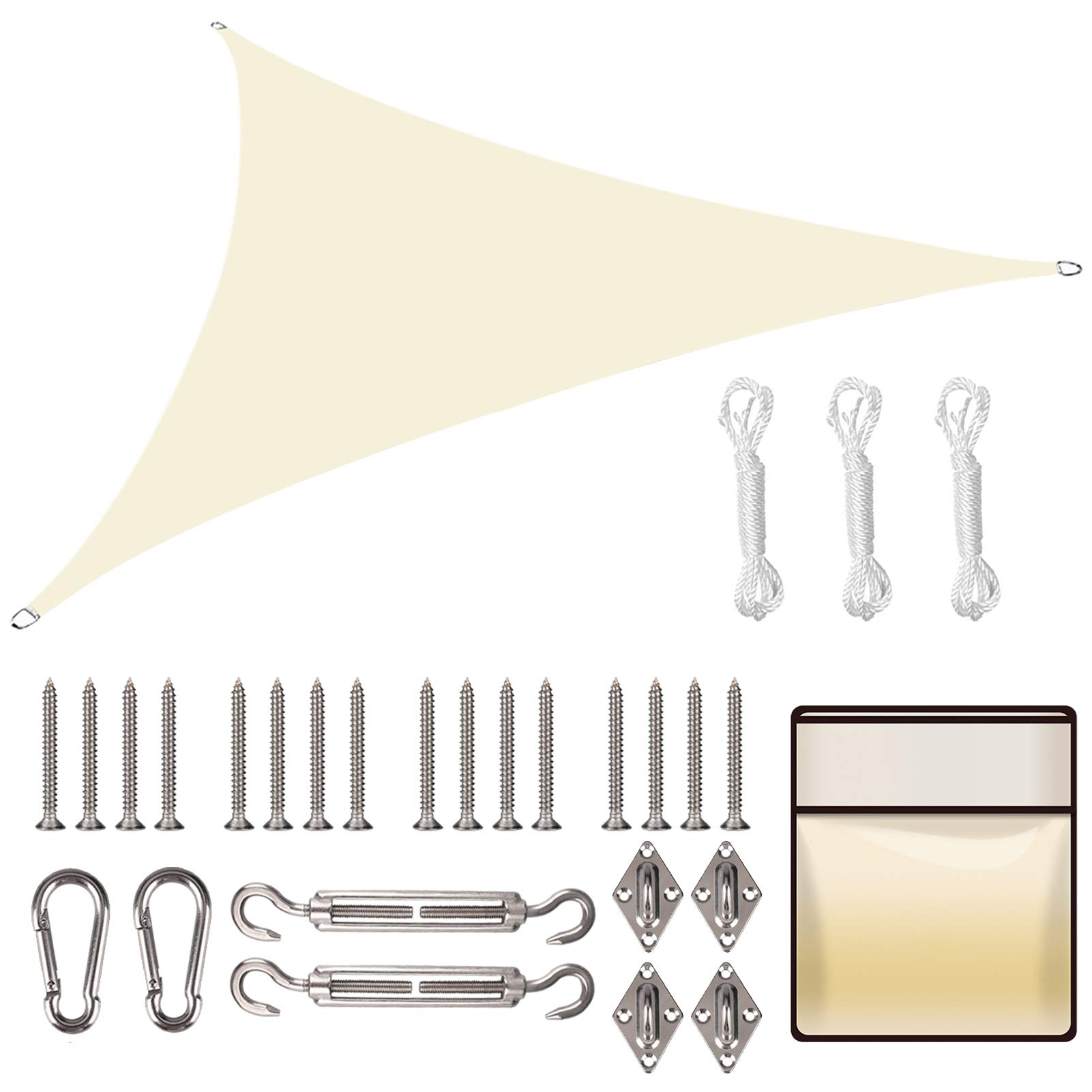 Yeahmart Sun Shade Sail Triangle 2x2x2m with Fixing Kit Waterproof Anti-UV Sunscreen Awning Canopy 98% UV Block for Outdoor Garden Patio Party Backyard Yard Camping with Free Rope, Cream