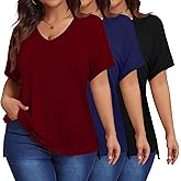 Ficerd 3 Pack Plus Size V Neck T-Shirts for Women, Short Sleeve Split Side High Low Hem Tunics Tops Basic Summer Tee Blouses