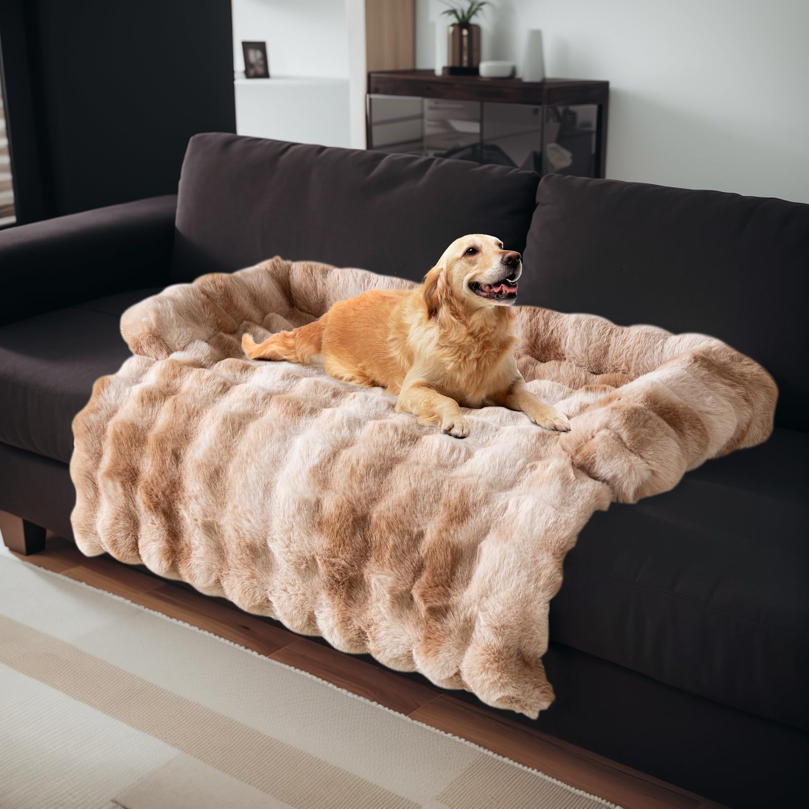 Photo 1 of LiveGo Fuzzy Calming Dog Sofa Bed Mat, Washable Plush Couch Cover for Dog, Furniture Protector Pet Sofa Mat for Dogs and Cats, Fluffy Dog Couch Bed with Anti-Slip Bottom (Tie-dye Brown, 29.5"*29.5")