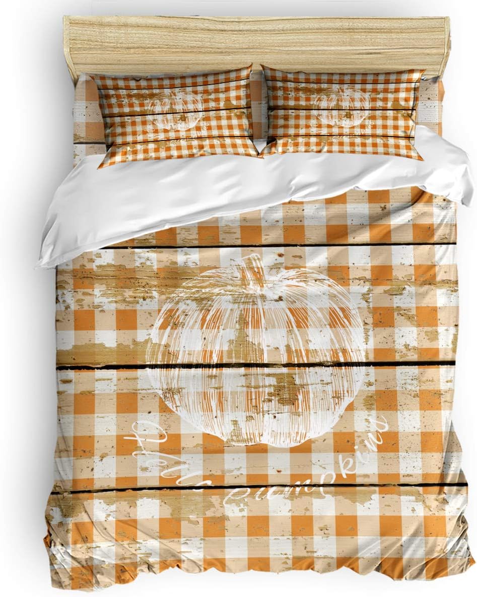 VCFUN 4 Piece Full Bedding Sets Thanksgiving Rustic Pumpkin