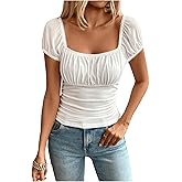 SweatyRocks Women's Ruched Square Neck T Shirt Cap Short Sleeve Slim Fitted Casual Tee Tops